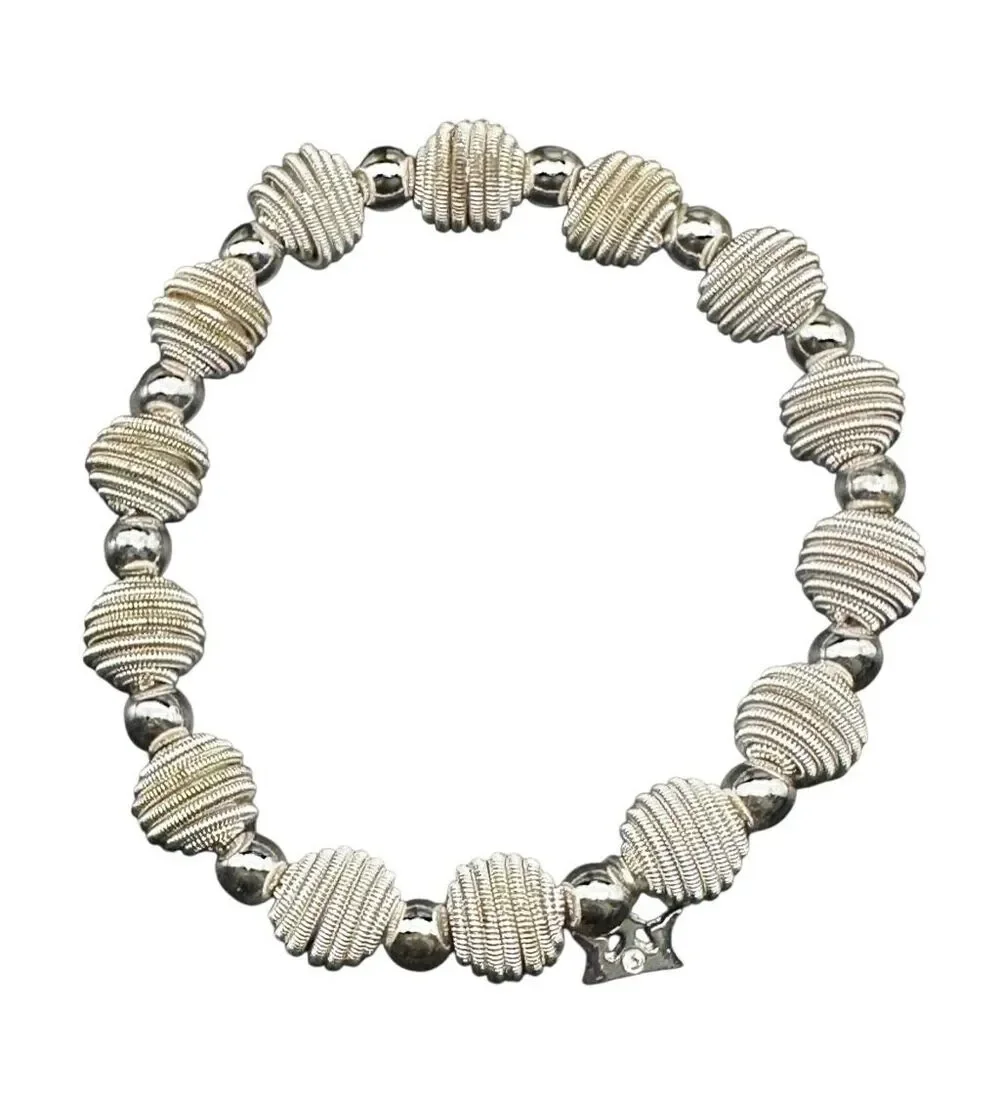 Trifari Bracelet Stretch Silver Tone Rope Coiled Spiral Beads Crown Charm